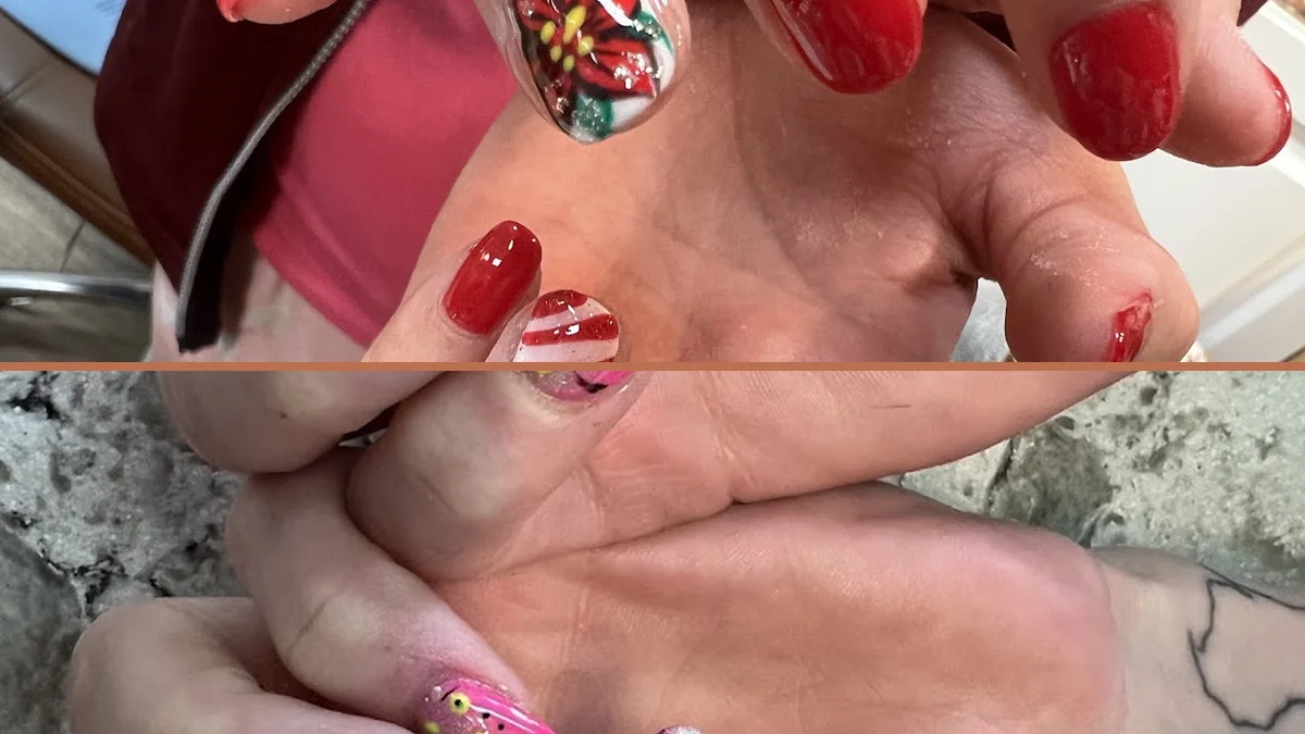 Close-up of polished nails on hands.
