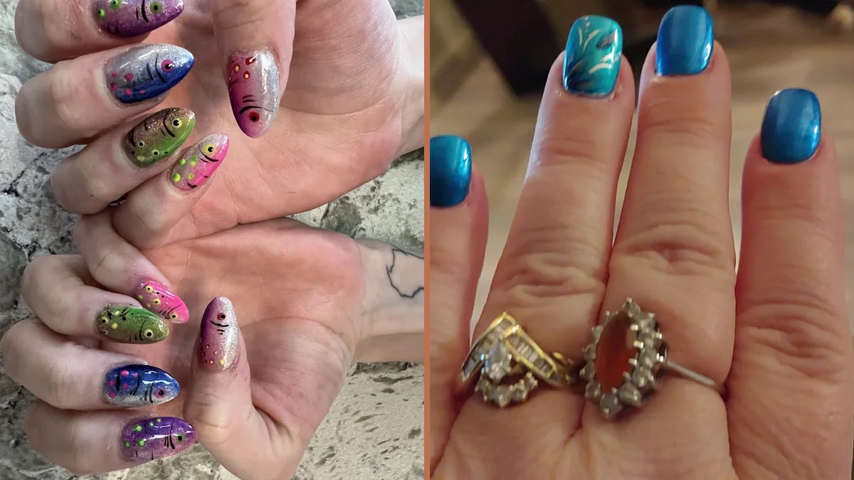 Close-up of polished nails on hands.